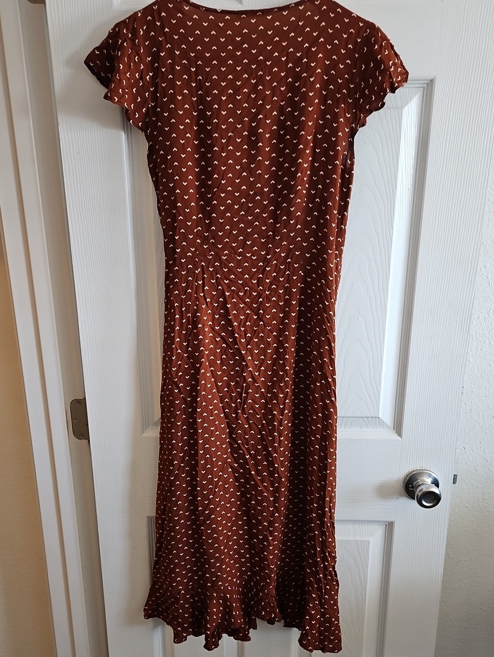 Urban Outfitters Kimchiowmen's Rust Brown Midi Wrap Dress with WhiteVshape Print - Picture 10 of 14